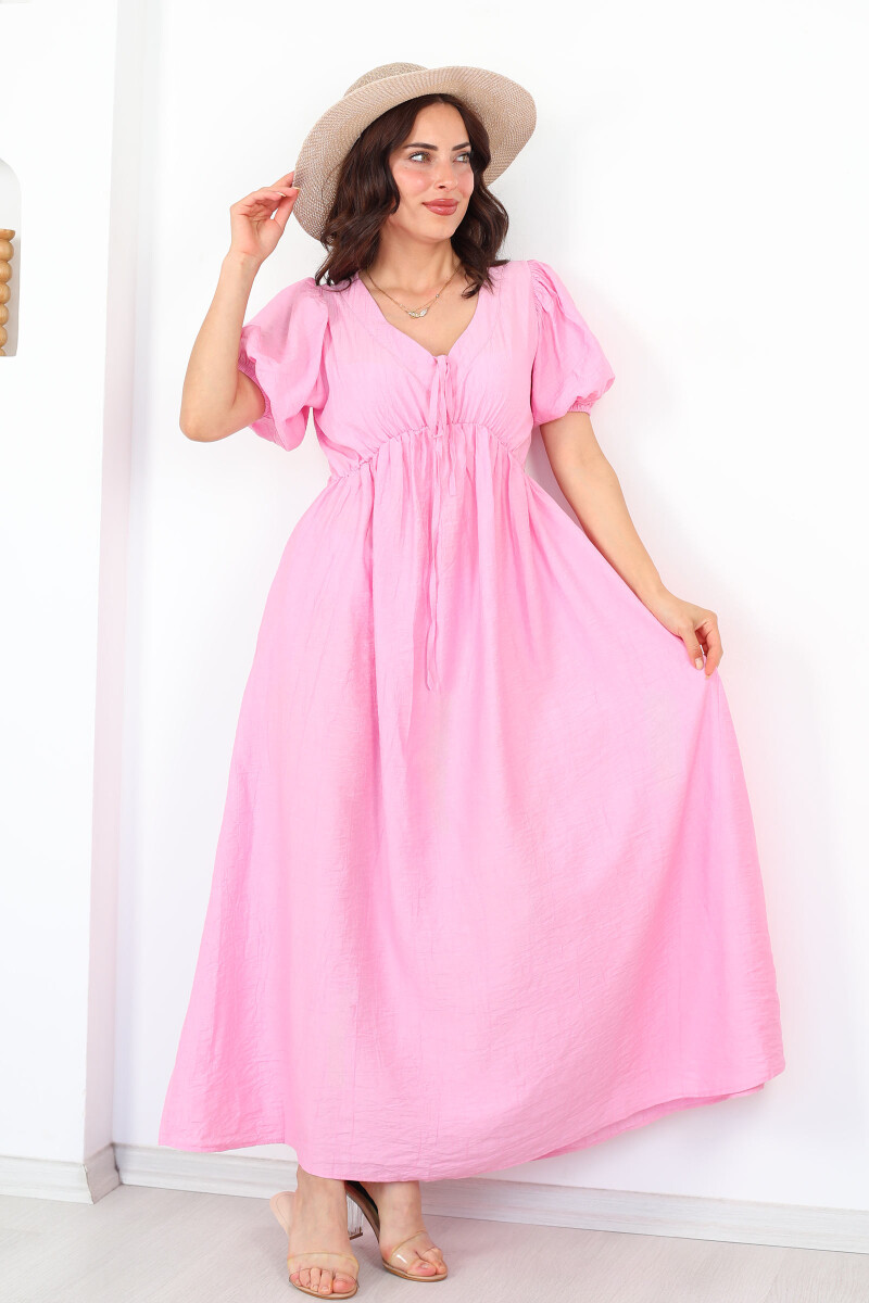 Balon Kol İp Bağlamalı Viskon Kadın Pembe Elbise - 3