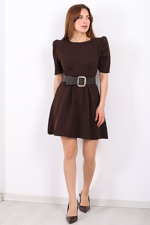 Balon Kol Kemerli Kadın Kahverengi Mini Elbise - 4