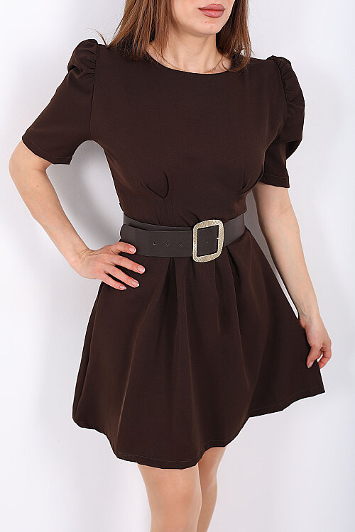 Balon Kol Kemerli Kadın Kahverengi Mini Elbise - Berox (1)