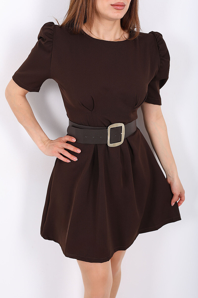 Balon Kol Kemerli Kadın Kahverengi Mini Elbise - 2