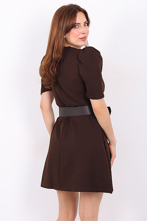 Balon Kol Kemerli Kadın Kahverengi Mini Elbise - 6