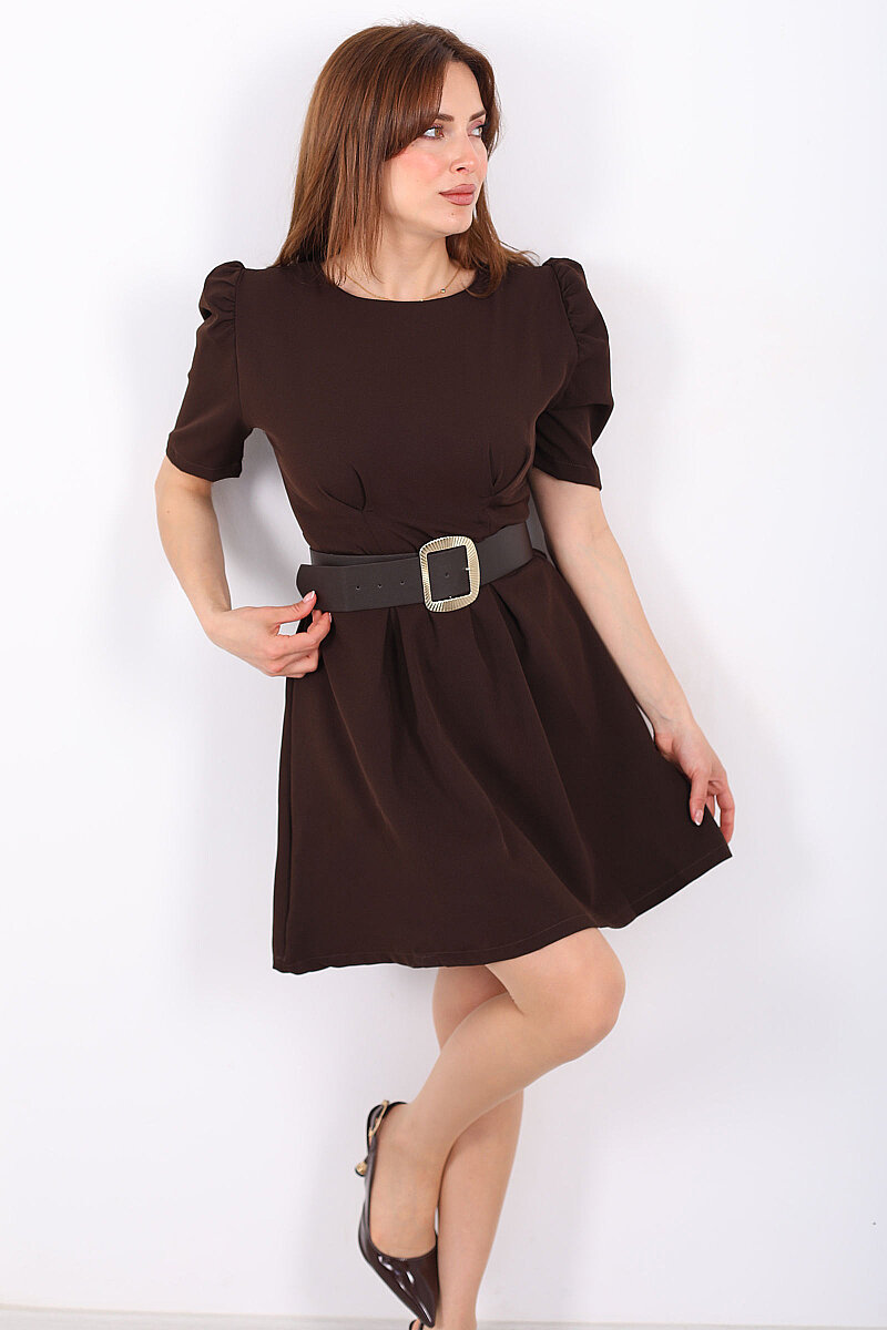 Balon Kol Kemerli Kadın Kahverengi Mini Elbise - 1