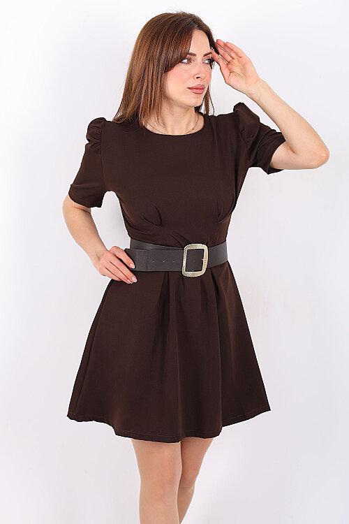 Balon Kol Kemerli Kadın Kahverengi Mini Elbise - 3