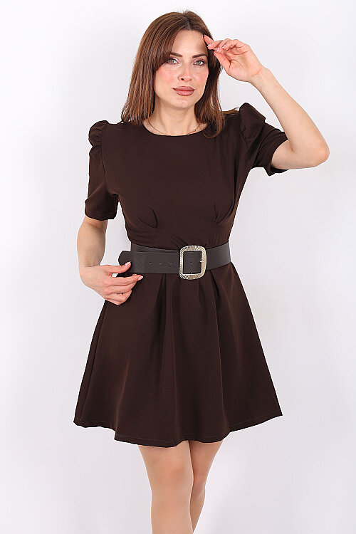 Balon Kol Kemerli Kadın Kahverengi Mini Elbise - 5