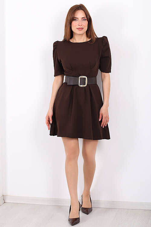 Balon Kol Kemerli Kadın Kahverengi Mini Elbise - 7