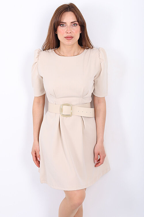 Balon Kol Kemerli Kadın Krem Mini Elbise - 3