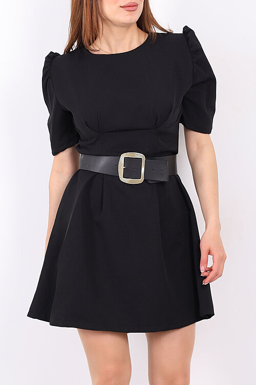 Balon Kol Kemerli Kadın Siyah Mini Elbise - Berox (1)