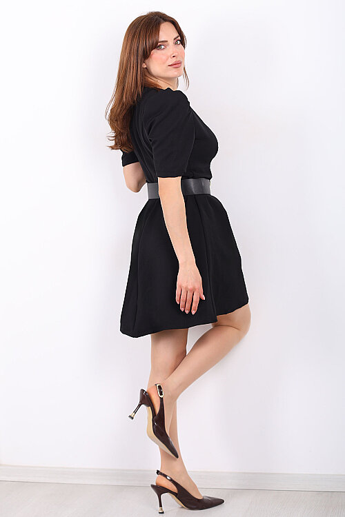 Balon Kol Kemerli Kadın Siyah Mini Elbise - 5