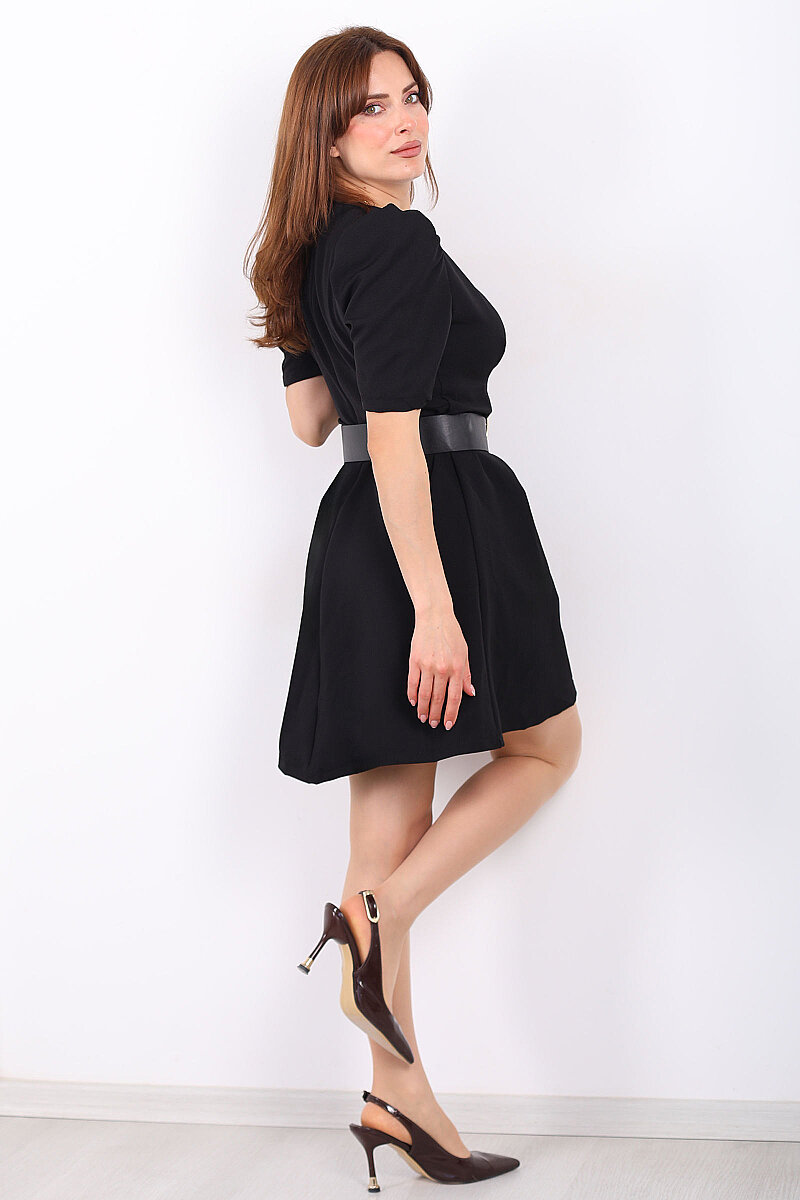 Balon Kol Kemerli Kadın Siyah Mini Elbise - 5