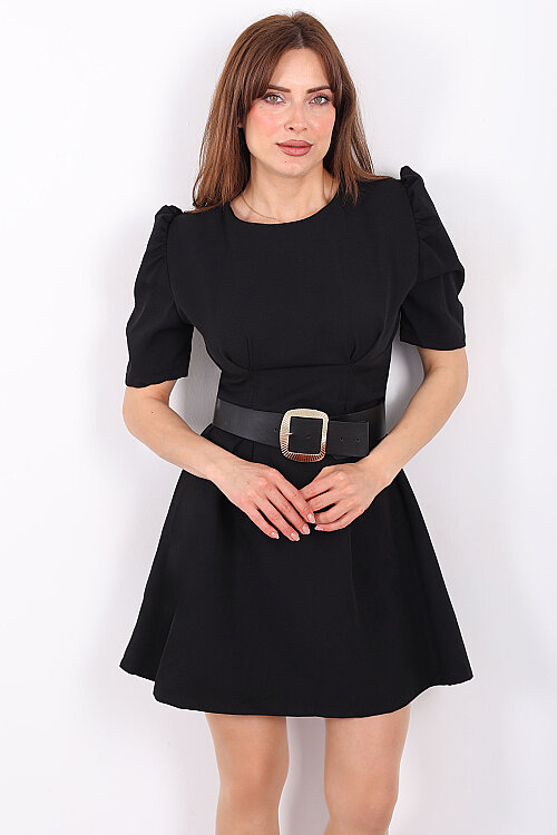 Balon Kol Kemerli Kadın Siyah Mini Elbise - 4