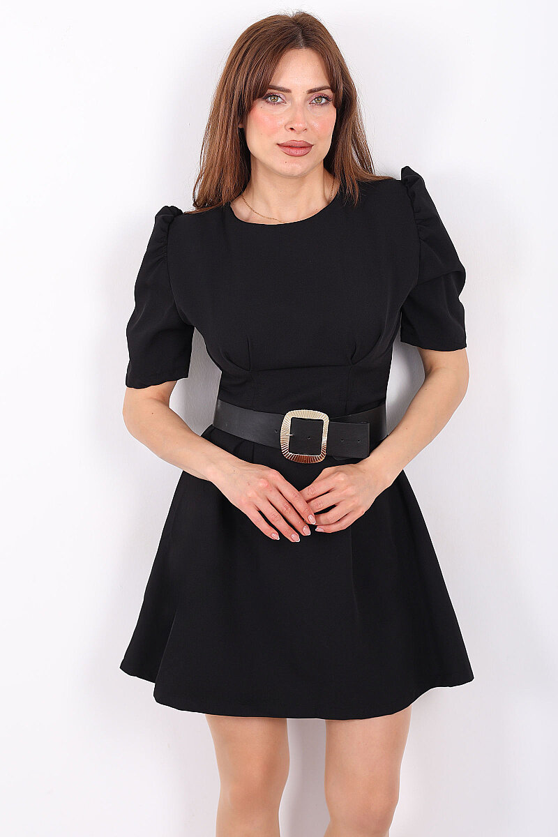 Balon Kol Kemerli Kadın Siyah Mini Elbise - 4