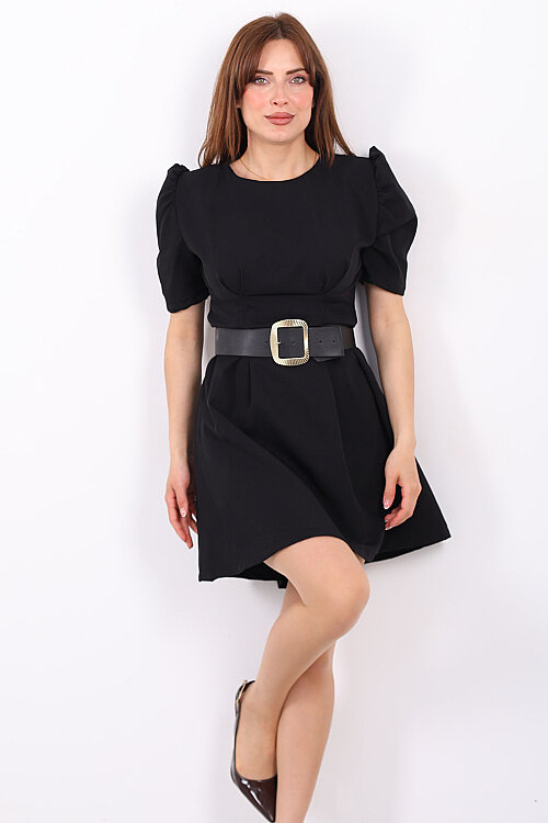 Balon Kol Kemerli Kadın Siyah Mini Elbise - Berox