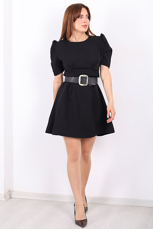 Balon Kol Kemerli Kadın Siyah Mini Elbise - 3