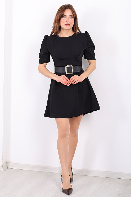 Balon Kol Kemerli Kadın Siyah Mini Elbise - 7