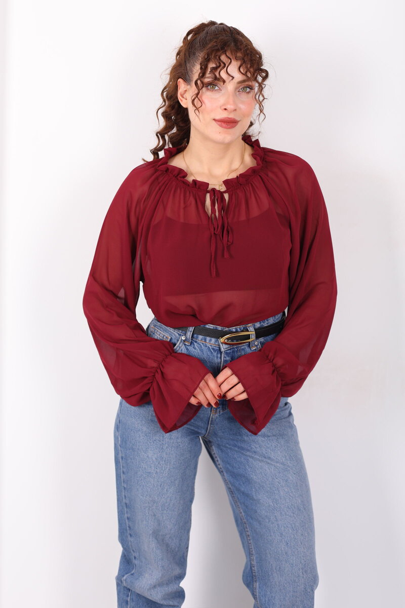 Balon Kollu Fırfırlı Bağlama Detaylı Bordo Kadın Şifon Bluz - 4