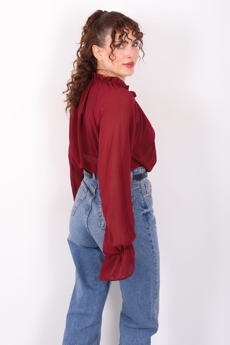 Balon Kollu Fırfırlı Bağlama Detaylı Bordo Kadın Şifon Bluz - 5