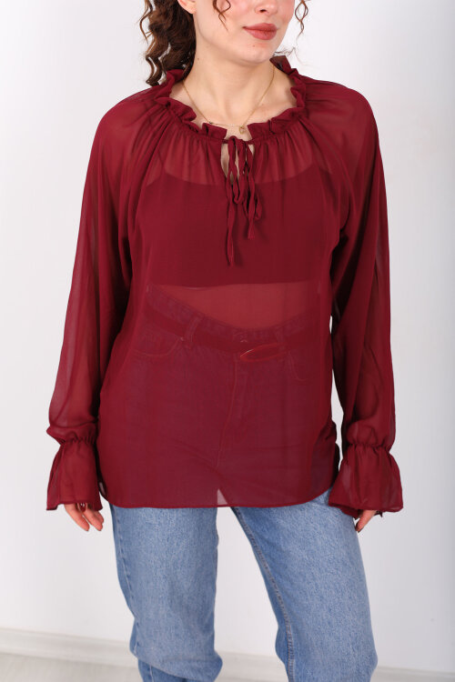 Balon Kollu Fırfırlı Bağlama Detaylı Bordo Kadın Şifon Bluz - Berox (1)