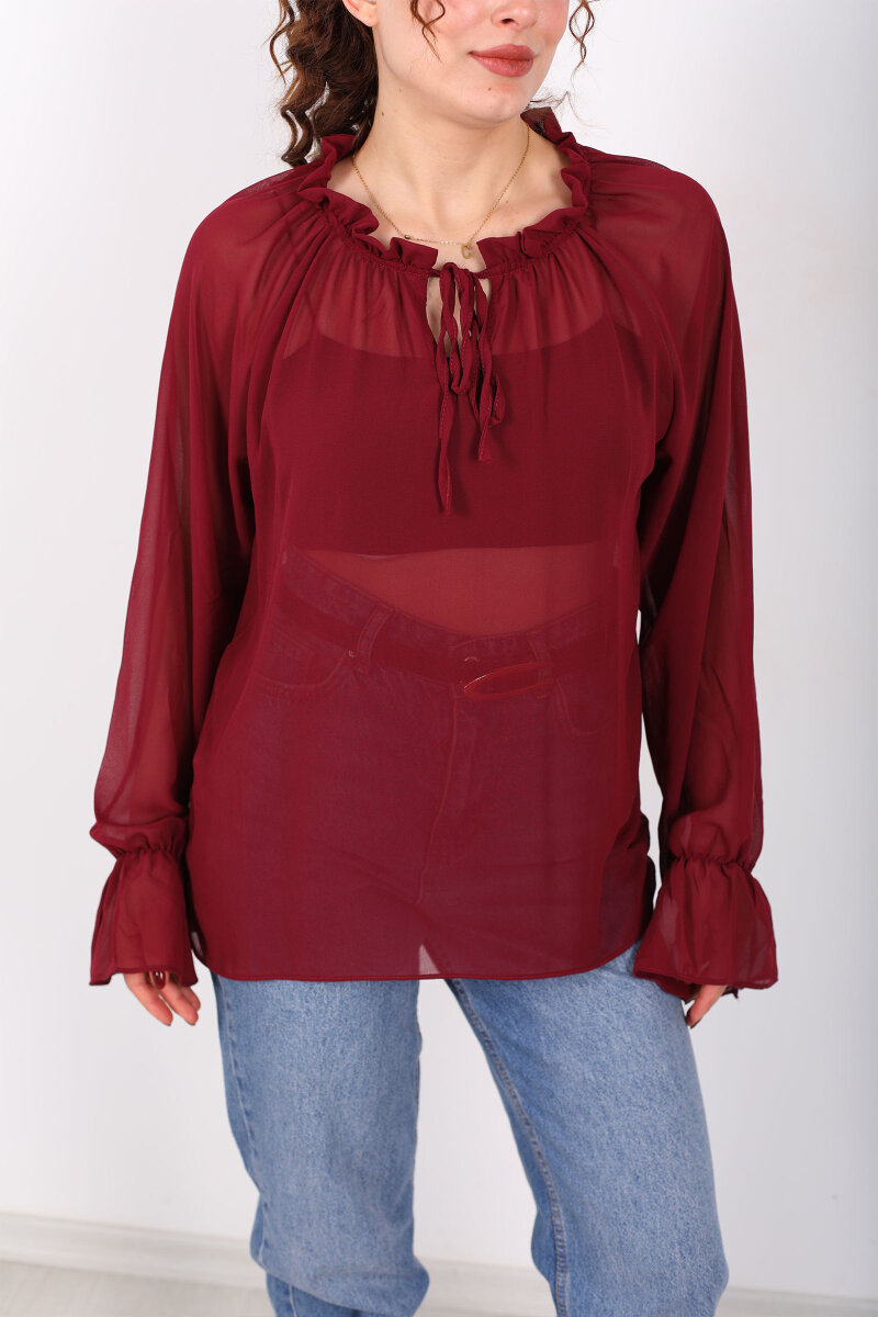 Balon Kollu Fırfırlı Bağlama Detaylı Bordo Kadın Şifon Bluz - 2
