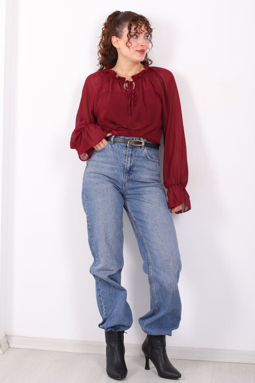 Balon Kollu Fırfırlı Bağlama Detaylı Bordo Kadın Şifon Bluz - 6