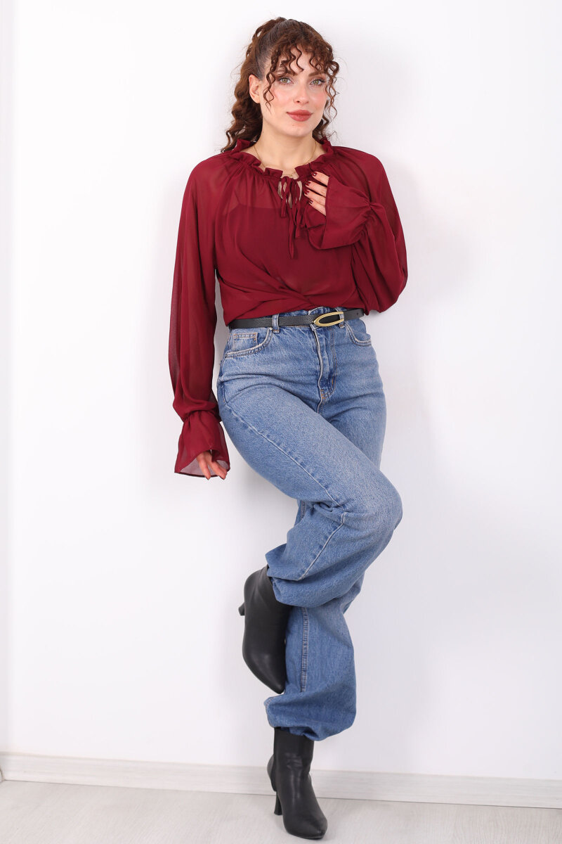 Balon Kollu Fırfırlı Bağlama Detaylı Bordo Kadın Şifon Bluz - 3