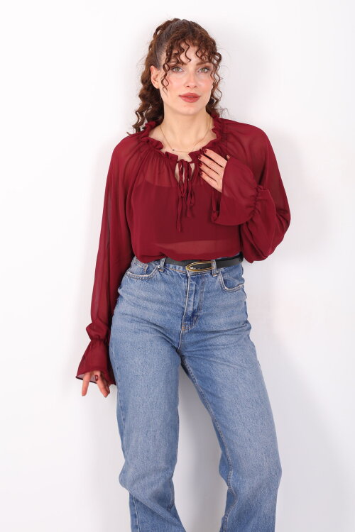 Balon Kollu Fırfırlı Bağlama Detaylı Bordo Kadın Şifon Bluz - Berox