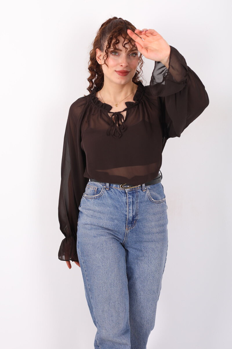 Balon Kollu Fırfırlı Bağlama Detaylı Kahverengi Kadın Şifon Bluz - 1