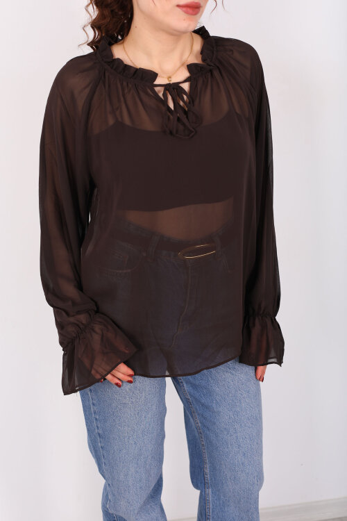 Balon Kollu Fırfırlı Bağlama Detaylı Kahverengi Kadın Şifon Bluz - Berox (1)