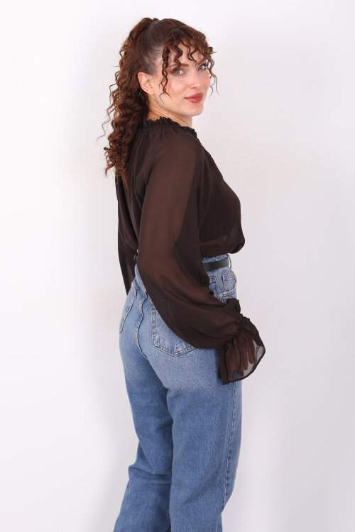 Balon Kollu Fırfırlı Bağlama Detaylı Kahverengi Kadın Şifon Bluz - 5