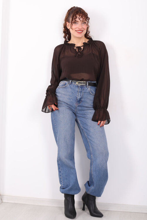 Balon Kollu Fırfırlı Bağlama Detaylı Kahverengi Kadın Şifon Bluz - 4