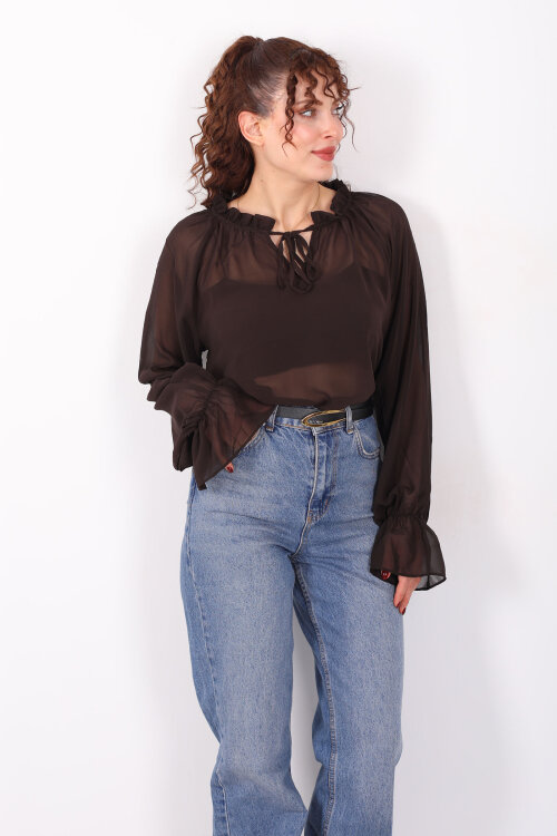 Balon Kollu Fırfırlı Bağlama Detaylı Kahverengi Kadın Şifon Bluz - 6