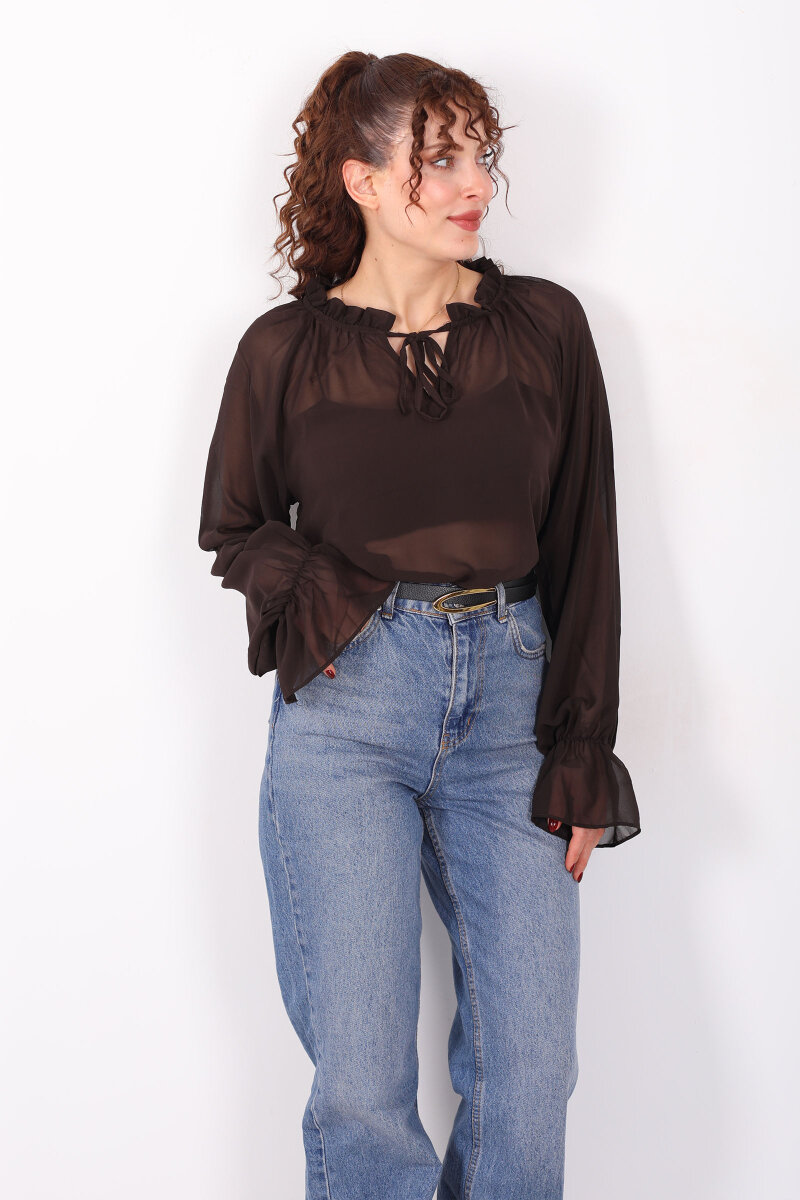 Balon Kollu Fırfırlı Bağlama Detaylı Kahverengi Kadın Şifon Bluz - 6