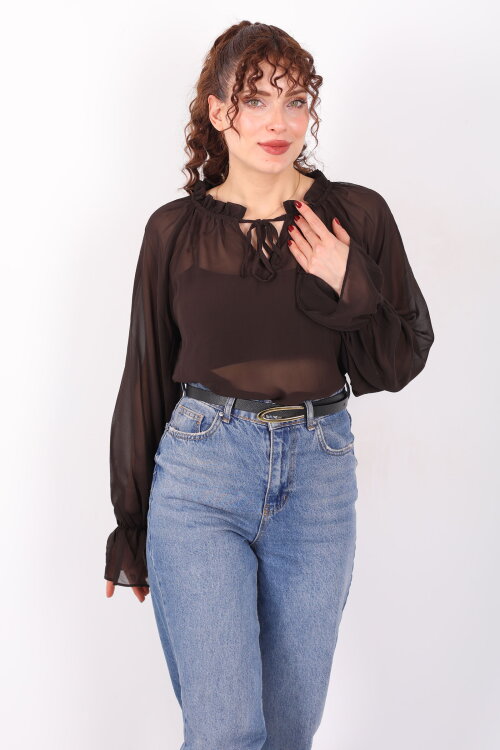 Balon Kollu Fırfırlı Bağlama Detaylı Kahverengi Kadın Şifon Bluz - 3