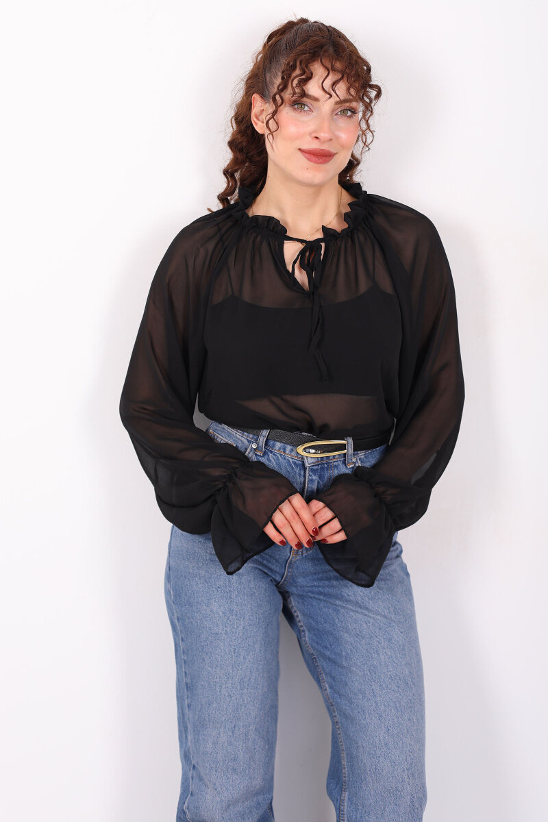 Balon Kollu Fırfırlı Bağlama Detaylı Siyah Kadın Şifon Bluz - 1