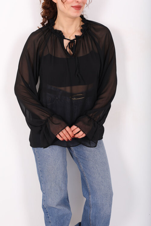 Balon Kollu Fırfırlı Bağlama Detaylı Siyah Kadın Şifon Bluz - 3