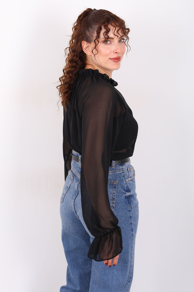 Balon Kollu Fırfırlı Bağlama Detaylı Siyah Kadın Şifon Bluz - 6