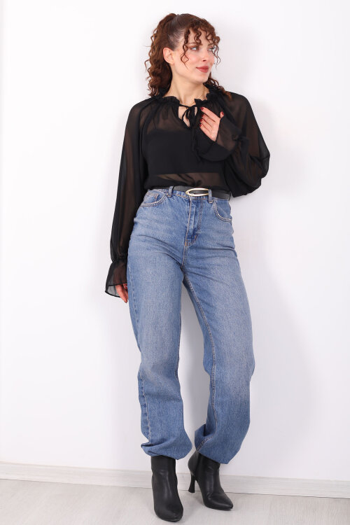 Balon Kollu Fırfırlı Bağlama Detaylı Siyah Kadın Şifon Bluz - Berox (1)