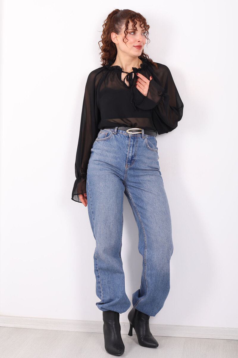 Balon Kollu Fırfırlı Bağlama Detaylı Siyah Kadın Şifon Bluz - 2