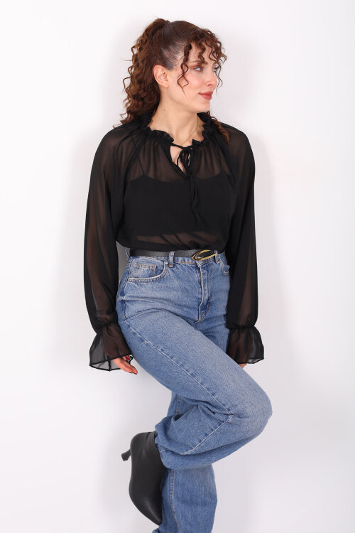 Balon Kollu Fırfırlı Bağlama Detaylı Siyah Kadın Şifon Bluz - 4