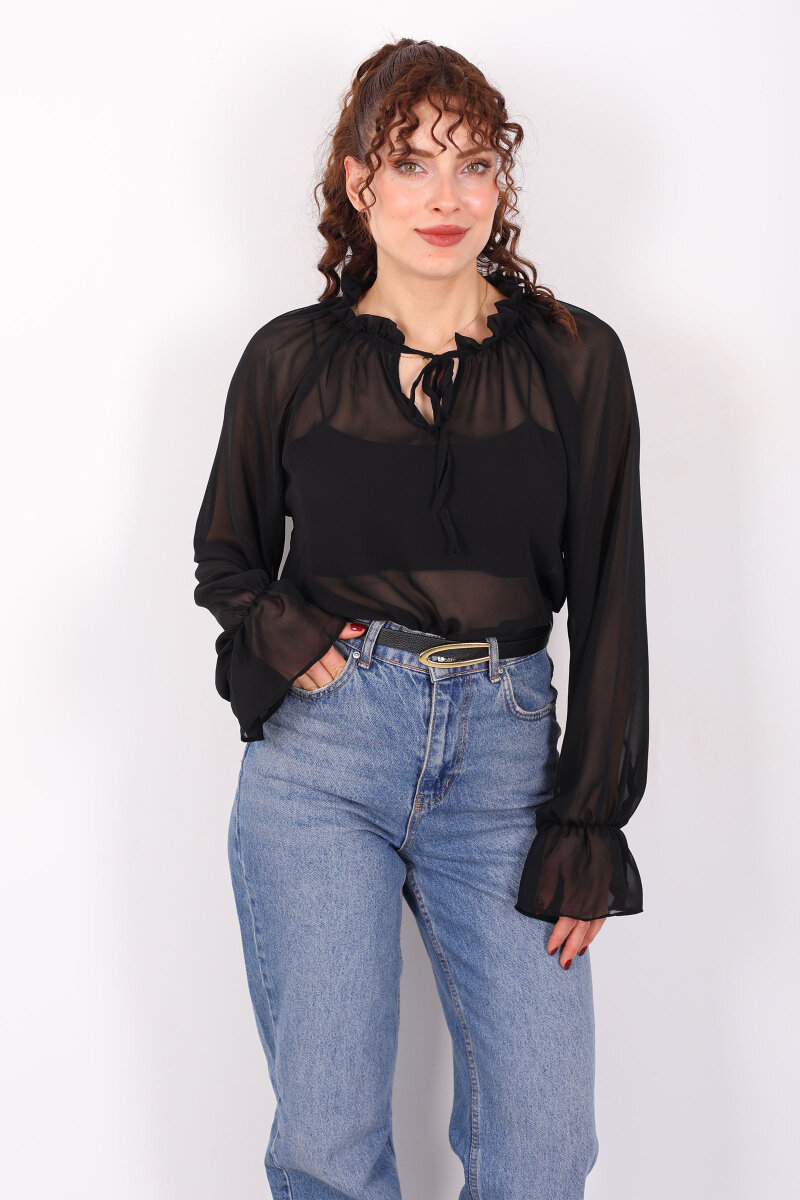 Balon Kollu Fırfırlı Bağlama Detaylı Siyah Kadın Şifon Bluz - 5
