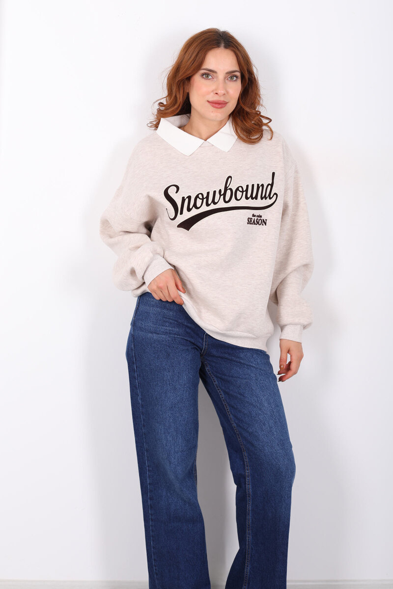 Baskılı Bej Kadın Oversize Sweat - 3