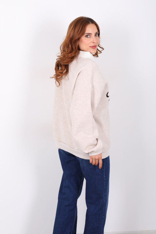 Baskılı Bej Kadın Oversize Sweat - 5