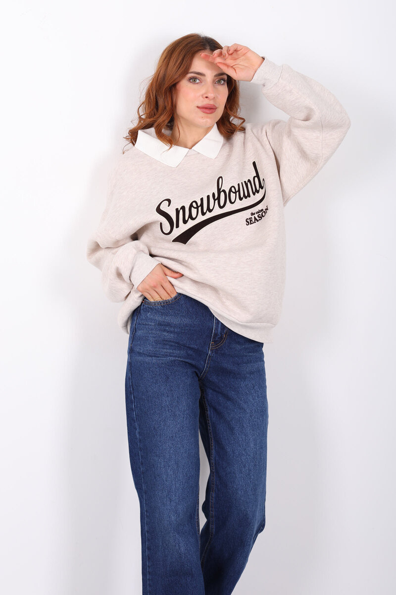 Baskılı Bej Kadın Oversize Sweat - 1
