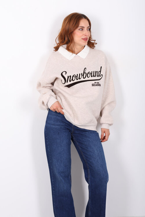 Baskılı Bej Kadın Oversize Sweat - 4