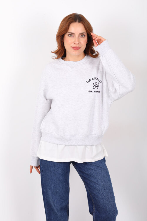Baskılı Eteği Garnili Gri Melanj Kadın Sweat - 3