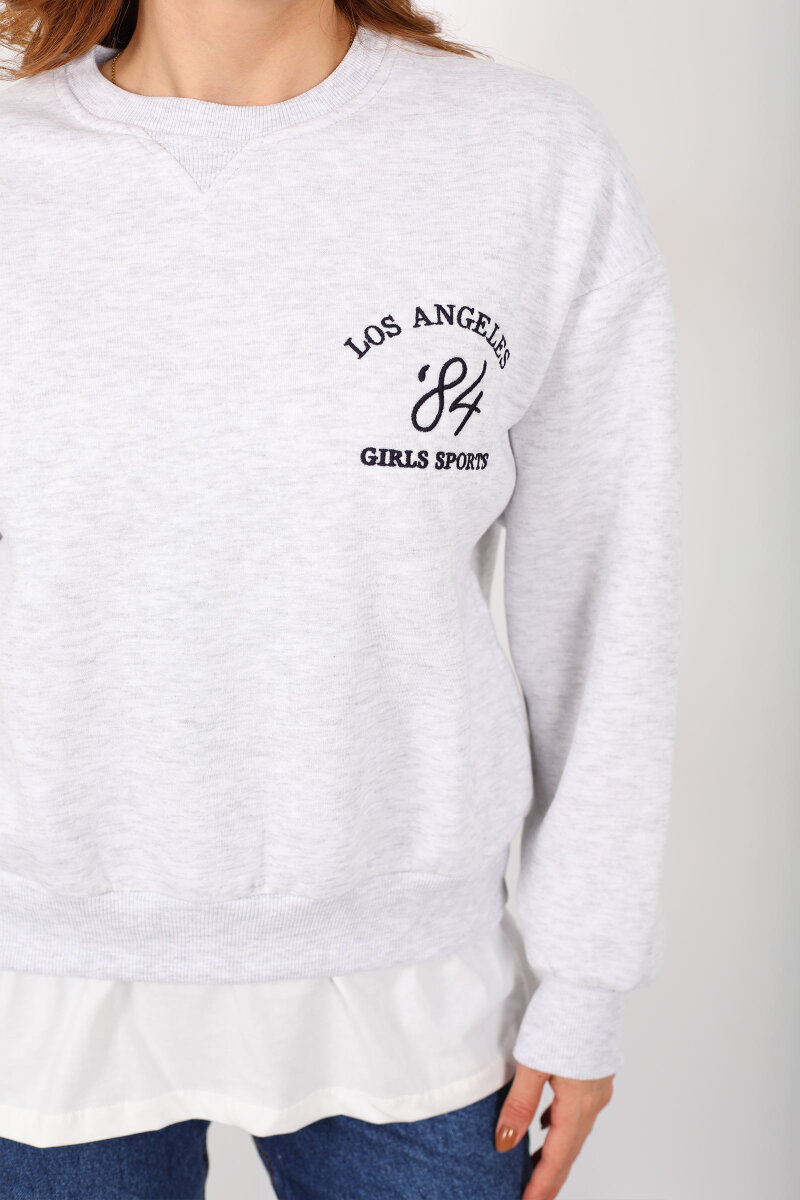 Baskılı Eteği Garnili Gri Melanj Kadın Sweat - 2