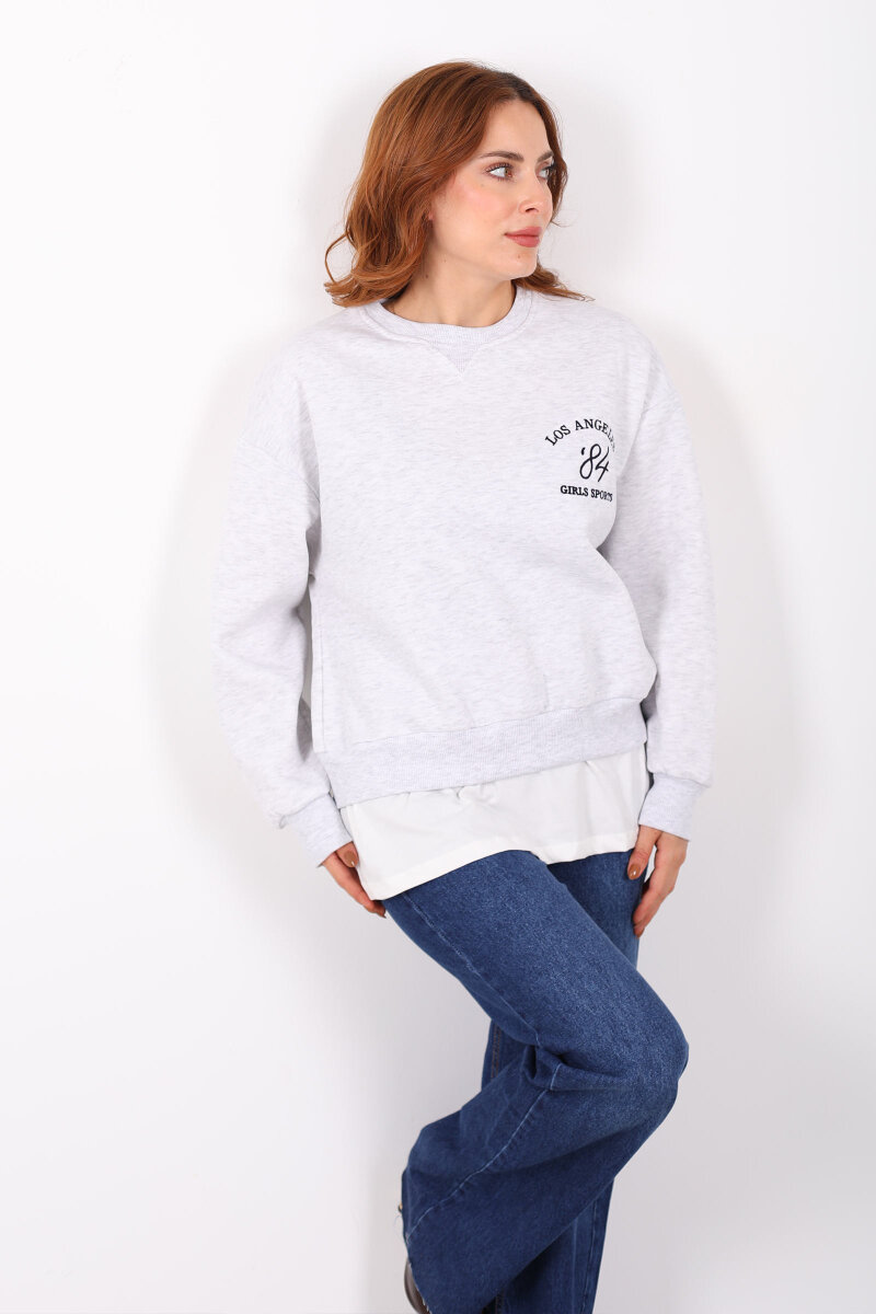Baskılı Eteği Garnili Gri Melanj Kadın Sweat - 4