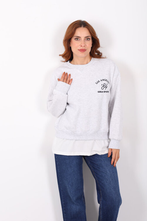 Baskılı Eteği Garnili Gri Melanj Kadın Sweat - Berox