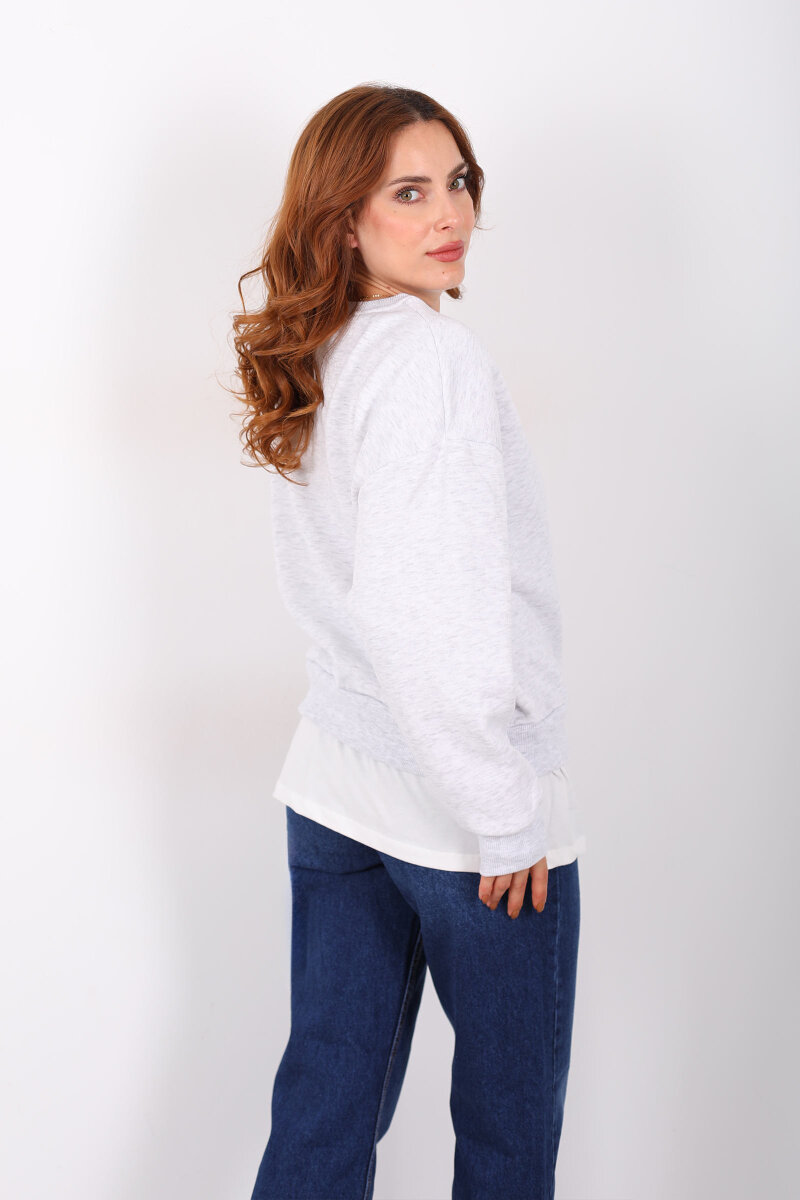 Baskılı Eteği Garnili Gri Melanj Kadın Sweat - 5