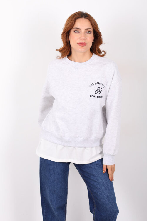 Baskılı Eteği Garnili Gri Melanj Kadın Sweat - 6