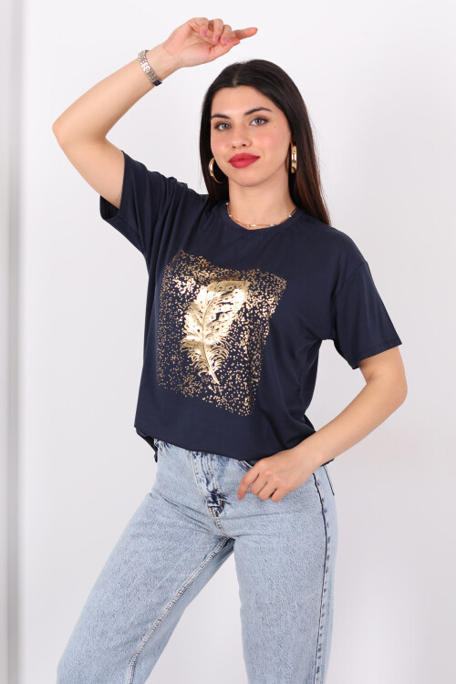 Baskılı Kısa Kol Antrasit Kadın T-Shirt 